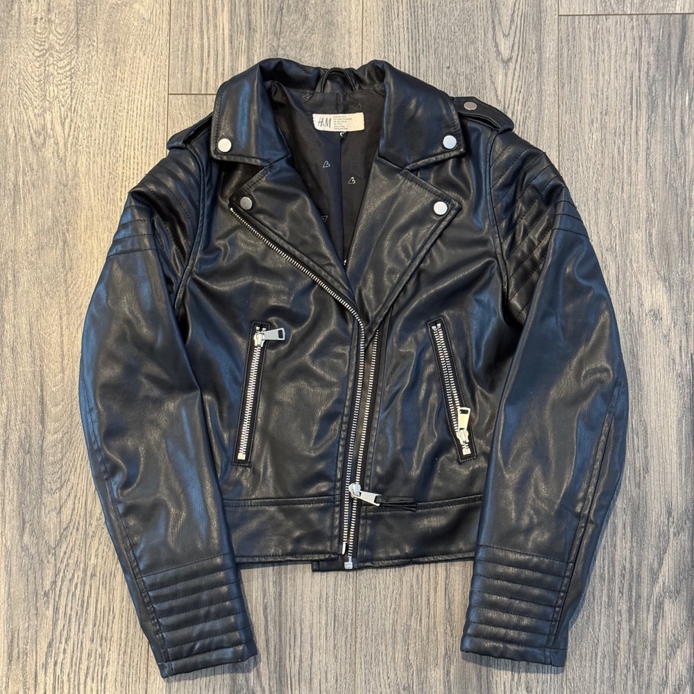 H&M Kids Girls Size 10 Black Faux-Leather Moto Biker Jacket